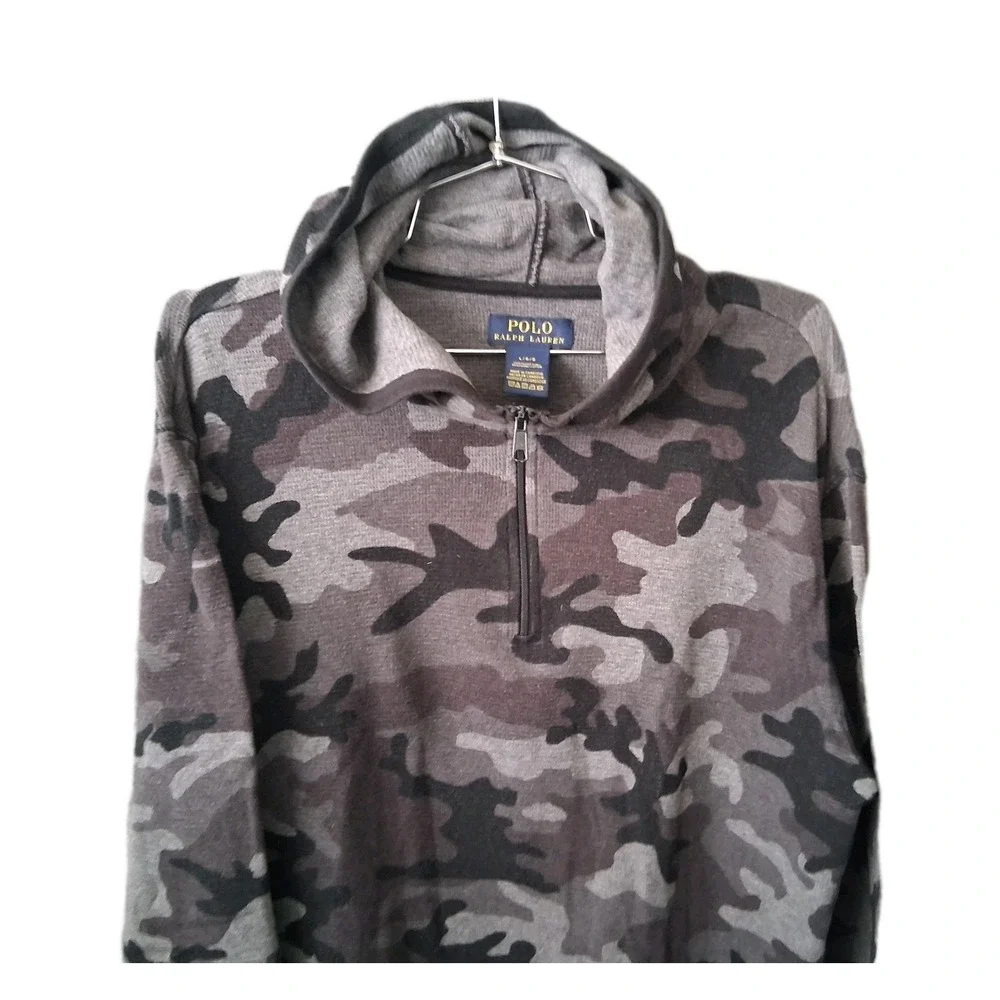 Polo Ralph Lauren Camo 1/4 Zip Hoodie Men's Large Black Blue Pullover